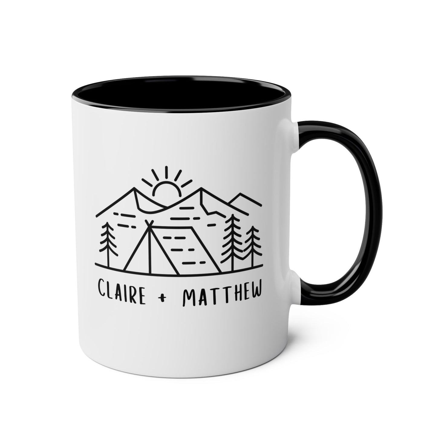 Personalized Camping 11oz white with black accent funny large coffee mug gift for couple engagement wedding mountain anniversary adventure custom names customize waveywares wavey wares wavywares wavy wares