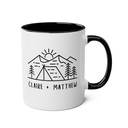 Personalized Camping 11oz white with black accent funny large coffee mug gift for couple engagement wedding mountain anniversary adventure custom names customize waveywares wavey wares wavywares wavy wares