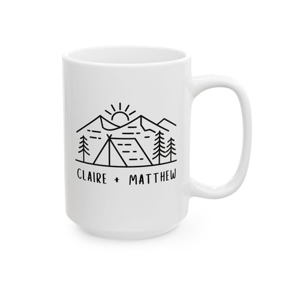 Personalized Camping 15oz white funny large coffee mug gift for couple engagement wedding mountain anniversary adventure custom names customize waveywares wavey wares wavywares wavy wares