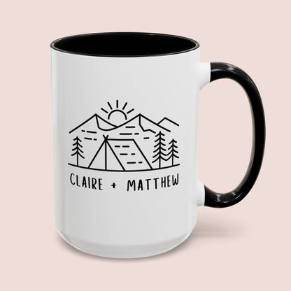 Personalized Camping 15oz white with black accent funny large coffee mug gift for couple engagement wedding mountain anniversary adventure custom names customize waveywares wavey wares wavywares wavy wares cover