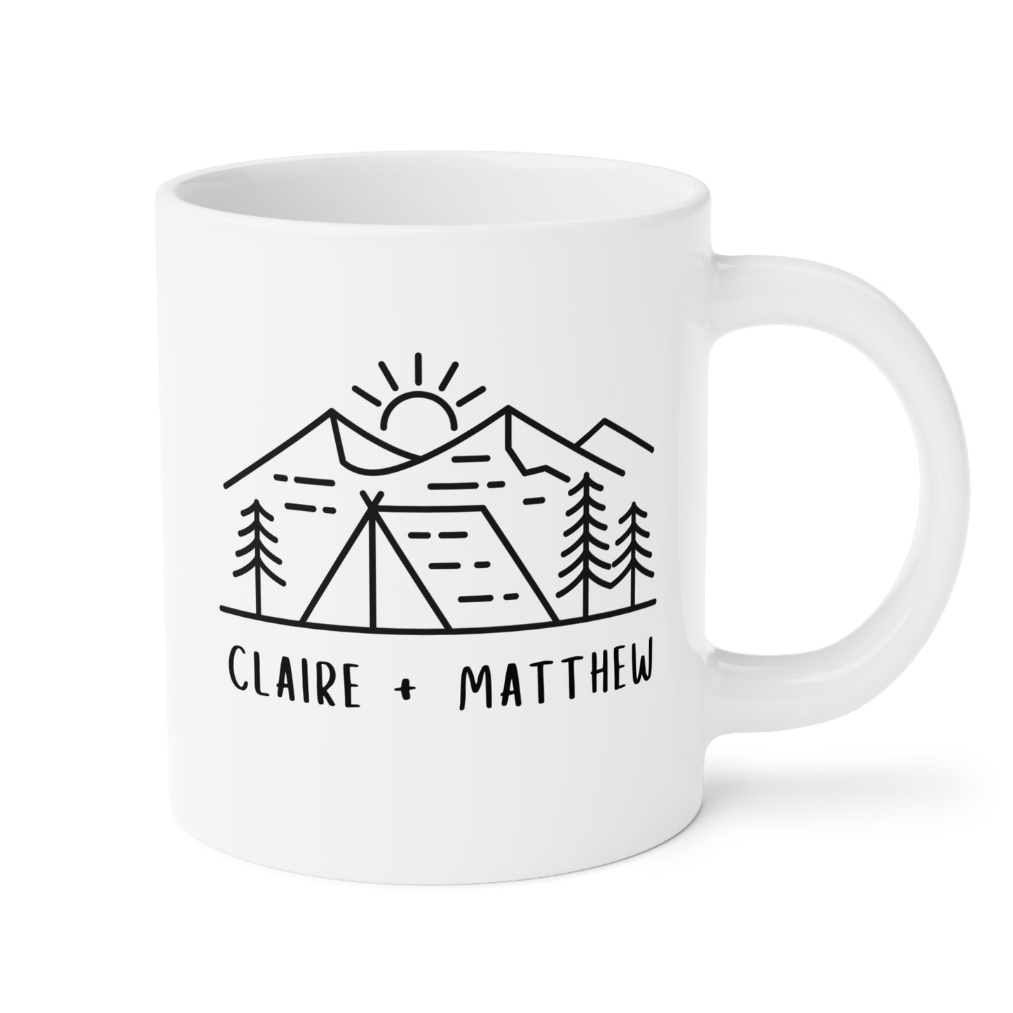 Personalized Camping 20oz white funny large coffee mug gift for couple engagement wedding mountain anniversary adventure custom names customize waveywares wavey wares wavywares wavy wares