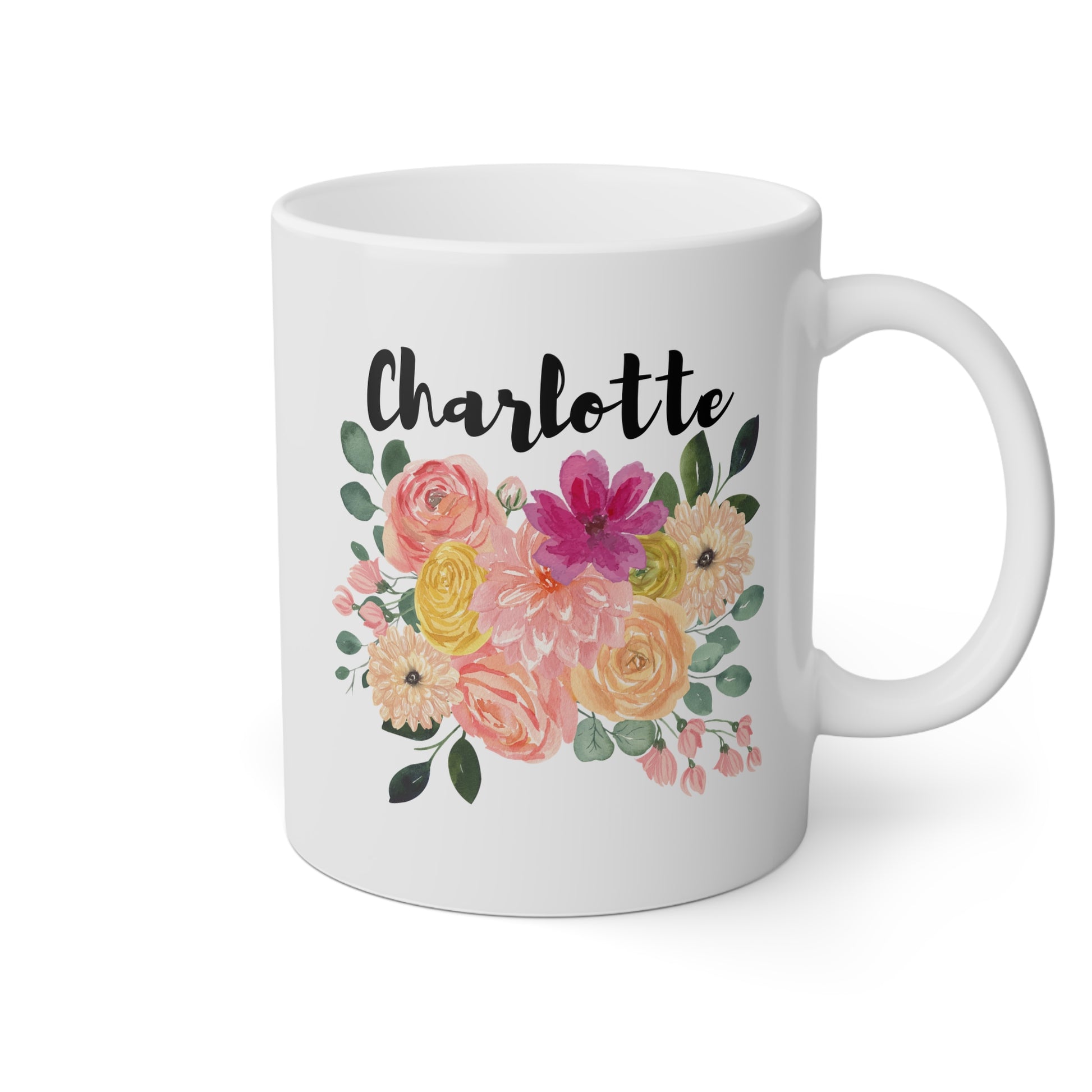 Personalized Custom Flower Name 11oz white funny large coffee mug gift for her custom name customize women girls floral design waveywares wavey wares wavywares wavy wares