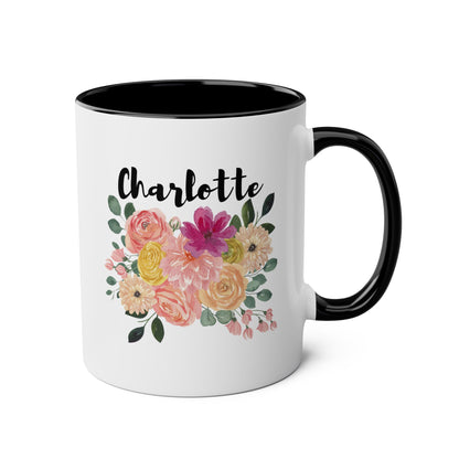 Personalized Custom Flower Name 11oz white with black accent funny large coffee mug gift for her custom name customize women girls floral design waveywares wavey wares wavywares wavy wares