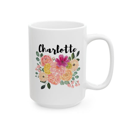 Personalized Custom Flower Name 15oz white funny large coffee mug gift for her custom name customize women girls floral design waveywares wavey wares wavywares wavy wares