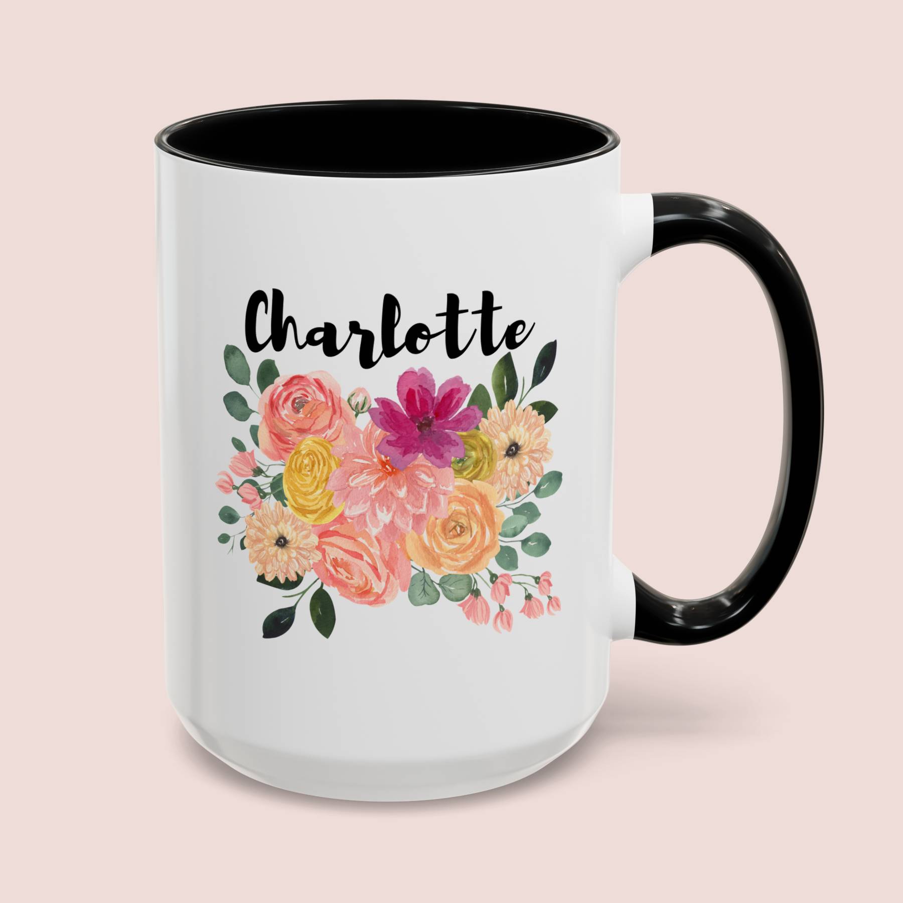 Personalized Custom Flower Name 15oz white with black accent funny large coffee mug gift for her custom name customize women girls floral design waveywares wavey wares wavywares wavy wares cover