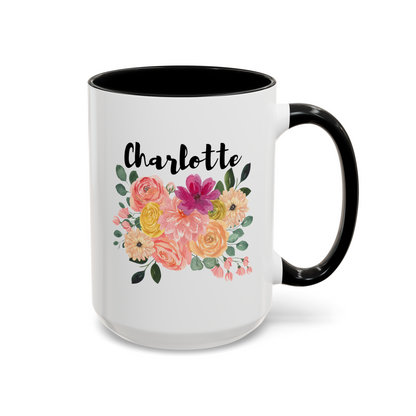 Personalized Custom Flower Name 15oz white with black accent funny large coffee mug gift for her custom name customize women girls floral design waveywares wavey wares wavywares wavy wares