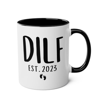 Personalized DILF Est 11oz white with black accent funny large coffee mug gift for new dad Father's day custom date customize year waveywares wavey wares wavywares wavy wares 