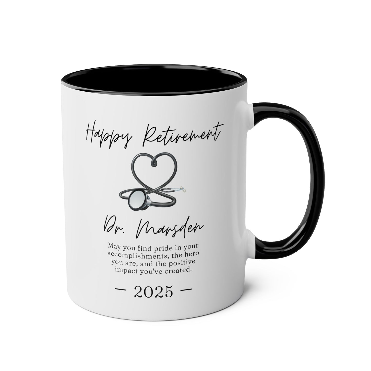 Personalized Doctor Retirement 11oz white with black accent funny large coffee mug gift for Dr custom name customize year physician medical nurse NHS happy waveywares wavey wares wavywares wavy wares