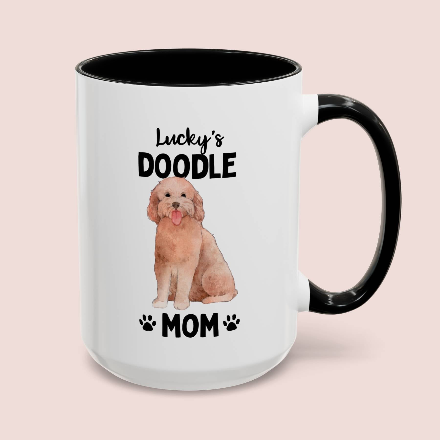 Personalized Doodle Mom 15oz white with black accent funny large coffee mug gift for her golden dog lover pet fur mom puppy owner custom name customize furparent dad mum waveywares wavey wares wavywares wavy wares cover