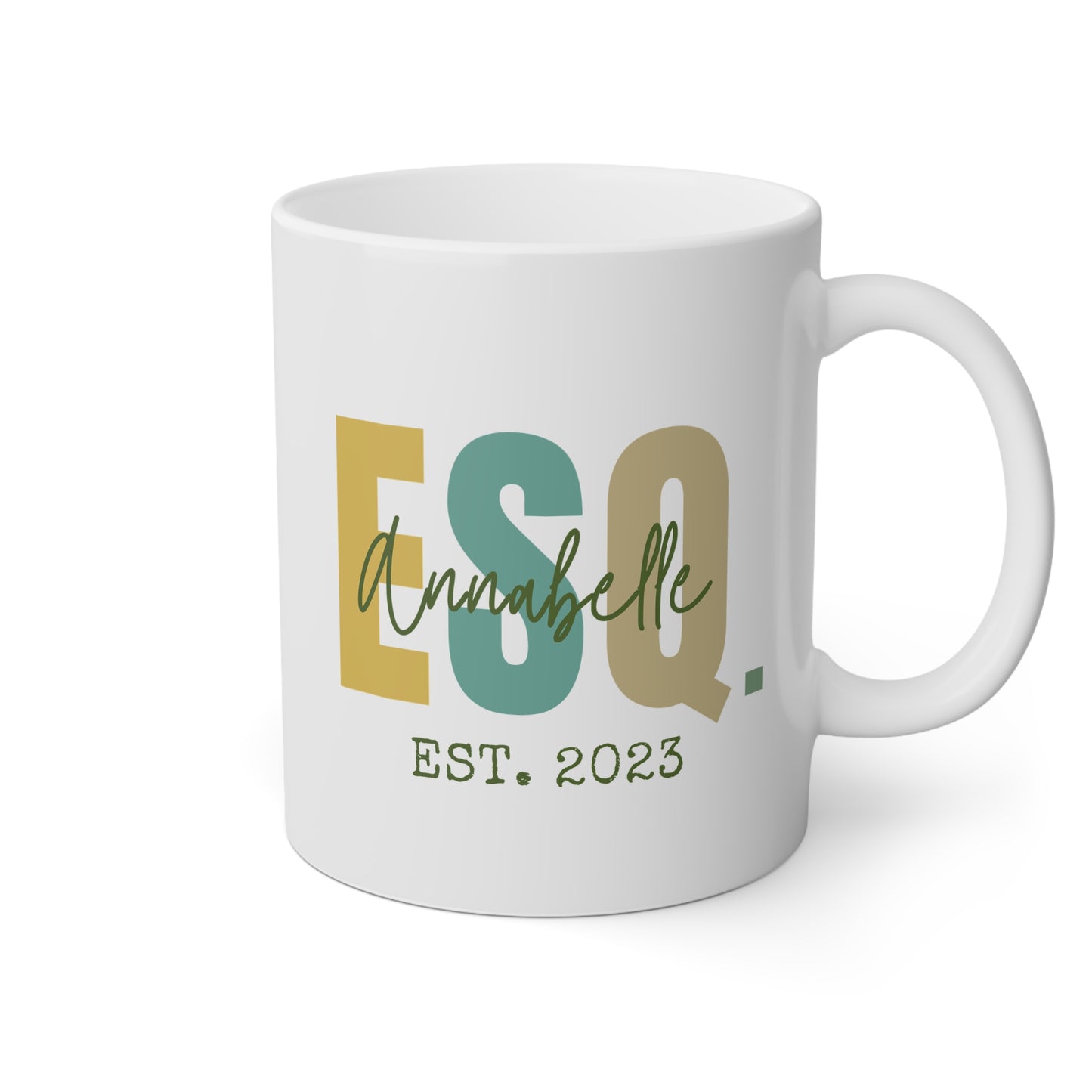 Personalized ESQ EST 11oz white funny large coffee mug gift for lawyer law graduation esquire student school idea date custom customized name birthday Christmas occasion waveywares wavey wares wavywares wavy wares