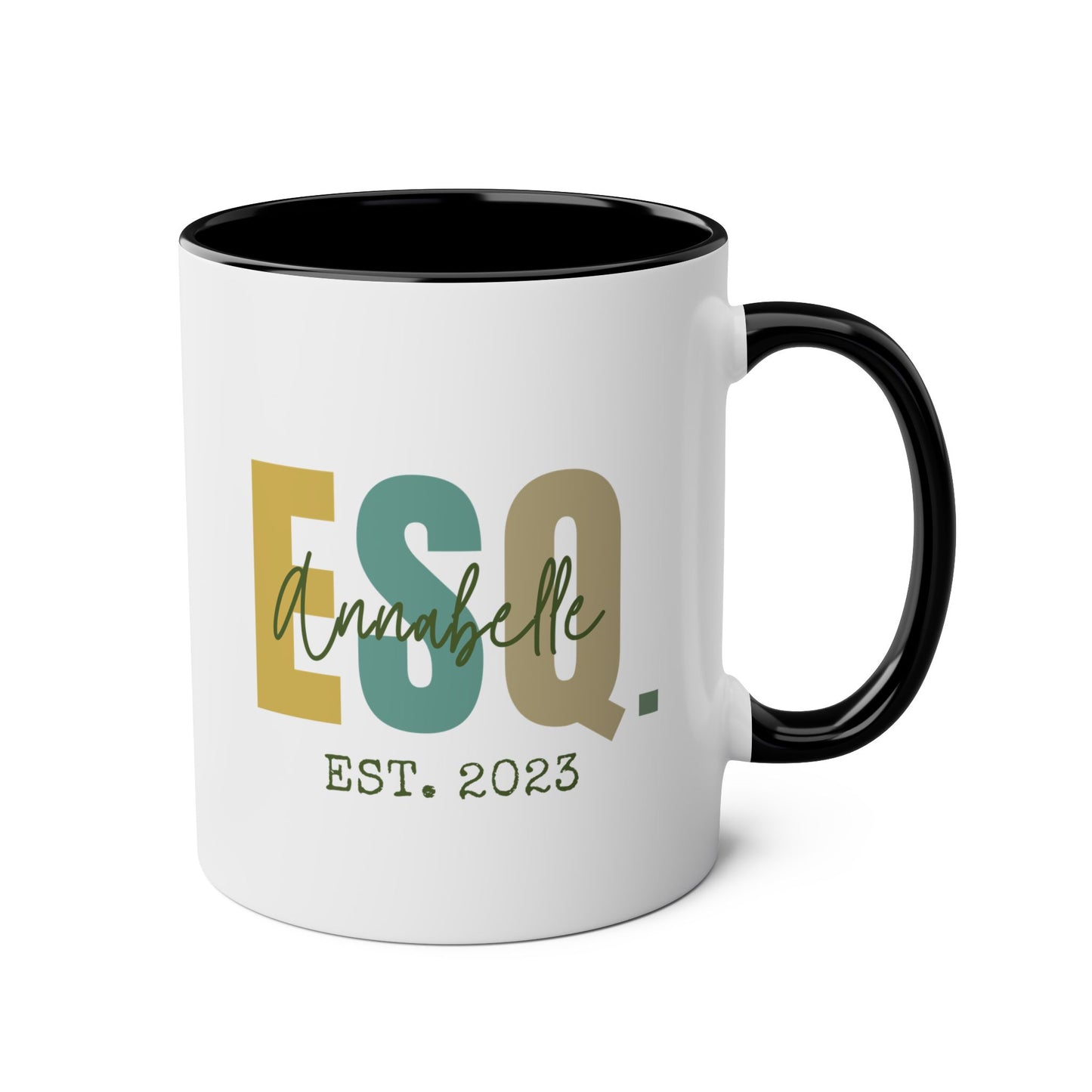 Personalized ESQ EST 11oz white with black accent funny large coffee mug gift for lawyer law graduation esquire student school idea date custom customized name birthday Christmas occasion waveywares wavey wares wavywares wavy wares