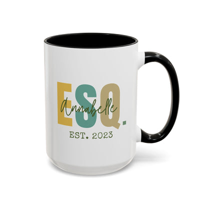 Personalized ESQ EST 15oz white with black accent funny large coffee mug gift for lawyer law graduation esquire student school idea date custom customized name birthday Christmas occasion waveywares wavey wares wavywares wavy wares