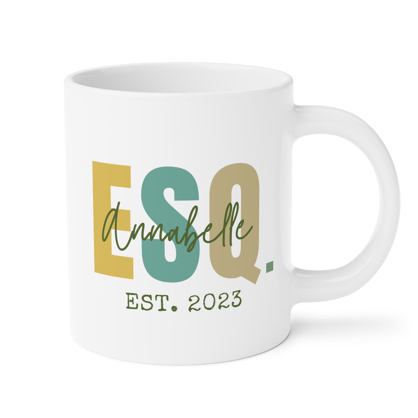 Personalized ESQ EST 20oz white funny large coffee mug gift for lawyer law graduation esquire student school idea date custom customized name birthday Christmas occasion waveywares wavey wares wavywares wavy wares