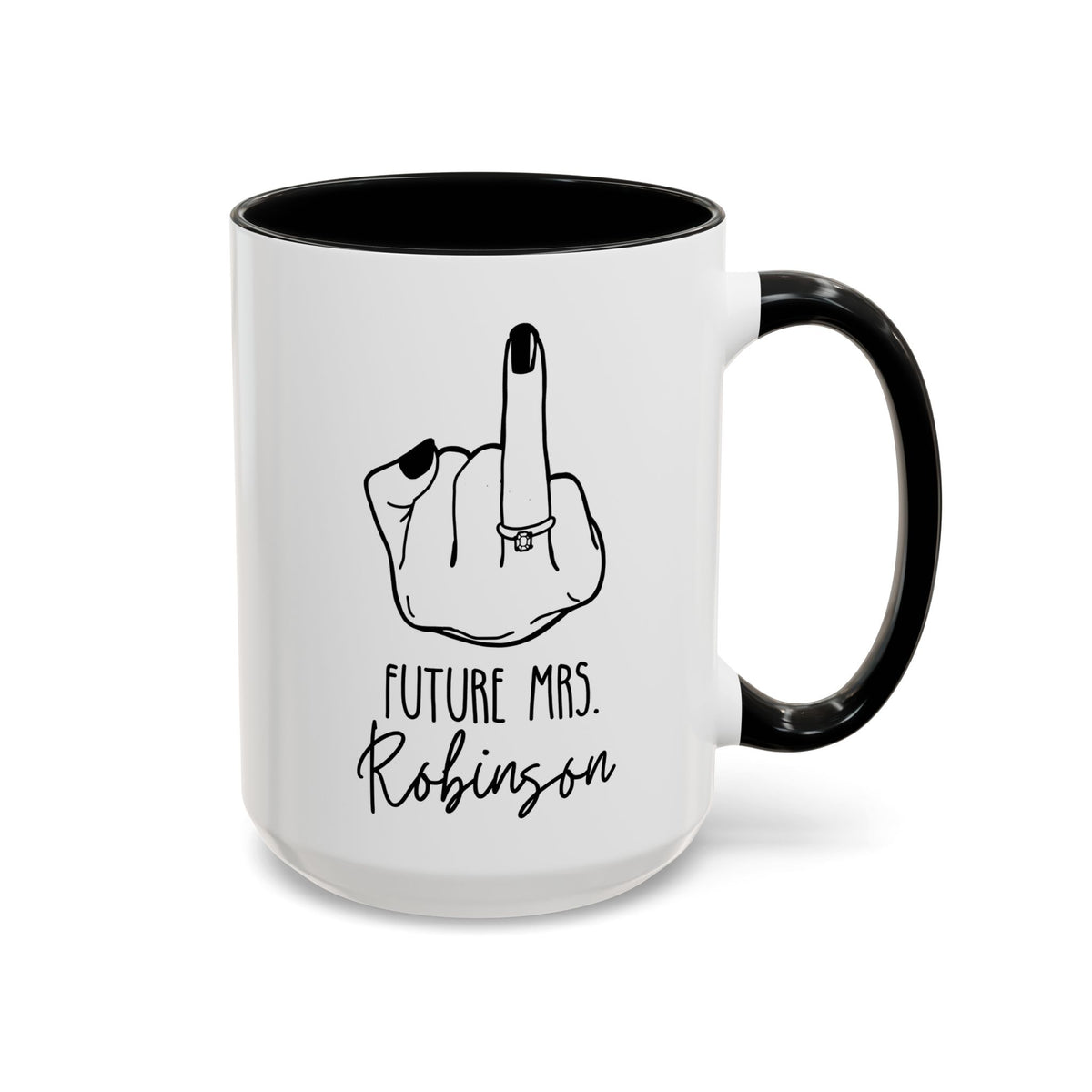 Personalized Future Mrs. ring finger design 15oz white with black accent funny large coffee mug gift for bridal shower bride to be diamond ring engagement Memento Couple wedding custom name customize birthday Christmas occasion waveywares wavey wares wavywares wavy wares