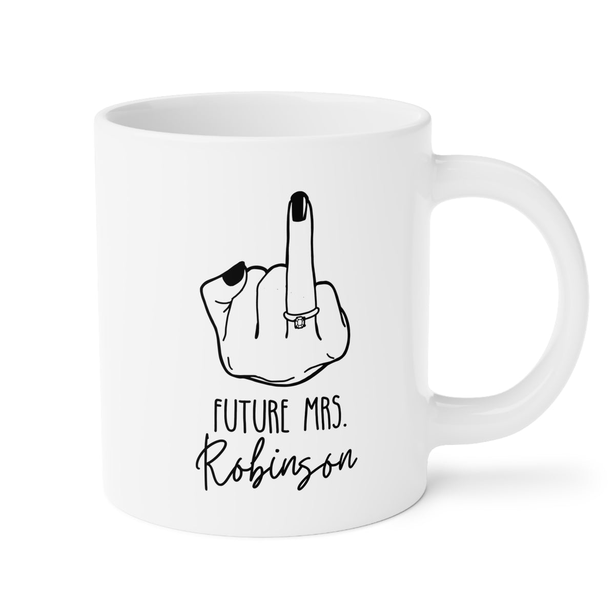 Personalized Future Mrs. ring finger design 20oz white funny large coffee mug gift for bridal shower bride to be diamond ring engagement Memento Couple wedding custom name customize birthday Christmas occasion waveywares wavey wares wavywares wavy wares 