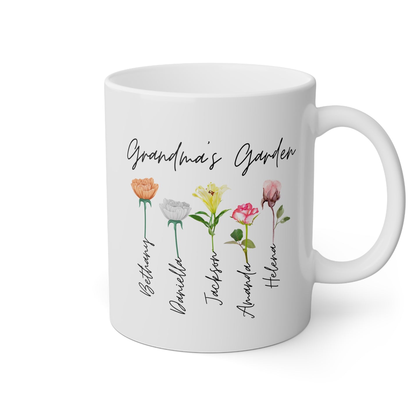 Personalized Grandma's Garden 11oz white funny large coffee mug gift for grandmother mother's day grandkids grandchildren customized names custom flower design ideas nana gigi floral cute waveywares wavey wares wavywares wavy wares