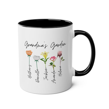 Personalized Grandma's Garden 11oz white with black accent funny large coffee mug gift for grandmother mother's day grandkids grandchildren customized names custom flower design ideas nana gigi floral cute waveywares wavey wares wavywares wavy wares