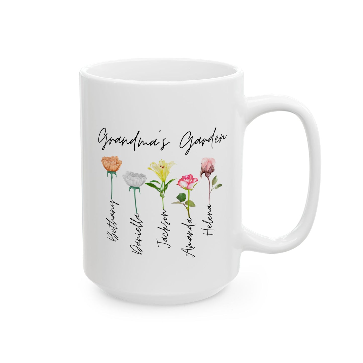 Personalized Grandma's Garden 15oz white funny large coffee mug gift for grandmother mother's day grandkids grandchildren customized names custom flower design ideas nana gigi floral cute waveywares wavey wares wavywares wavy wares