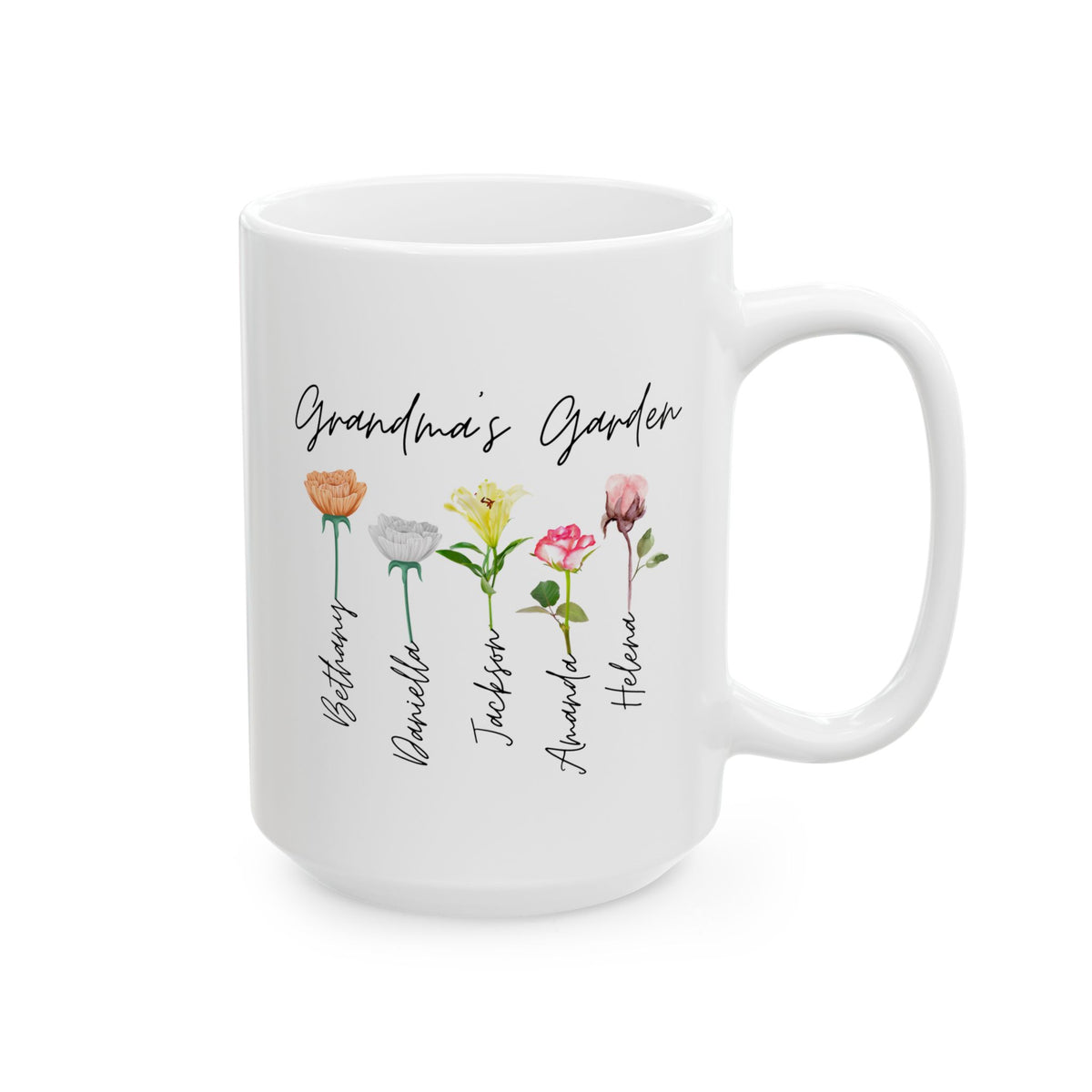 Personalized Grandma's Garden 15oz white funny large coffee mug gift for grandmother mother's day grandkids grandchildren customized names custom flower design ideas nana gigi floral cute waveywares wavey wares wavywares wavy wares