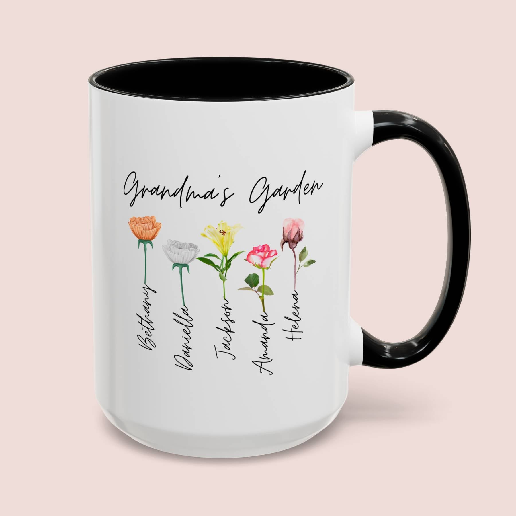 Personalized Grandma's Garden 15oz white with black accent funny large coffee mug gift for grandmother mother's day grandkids grandchildren customized names custom flower design ideas nana gigi floral cute waveywares wavey wares wavywares wavy wares cover