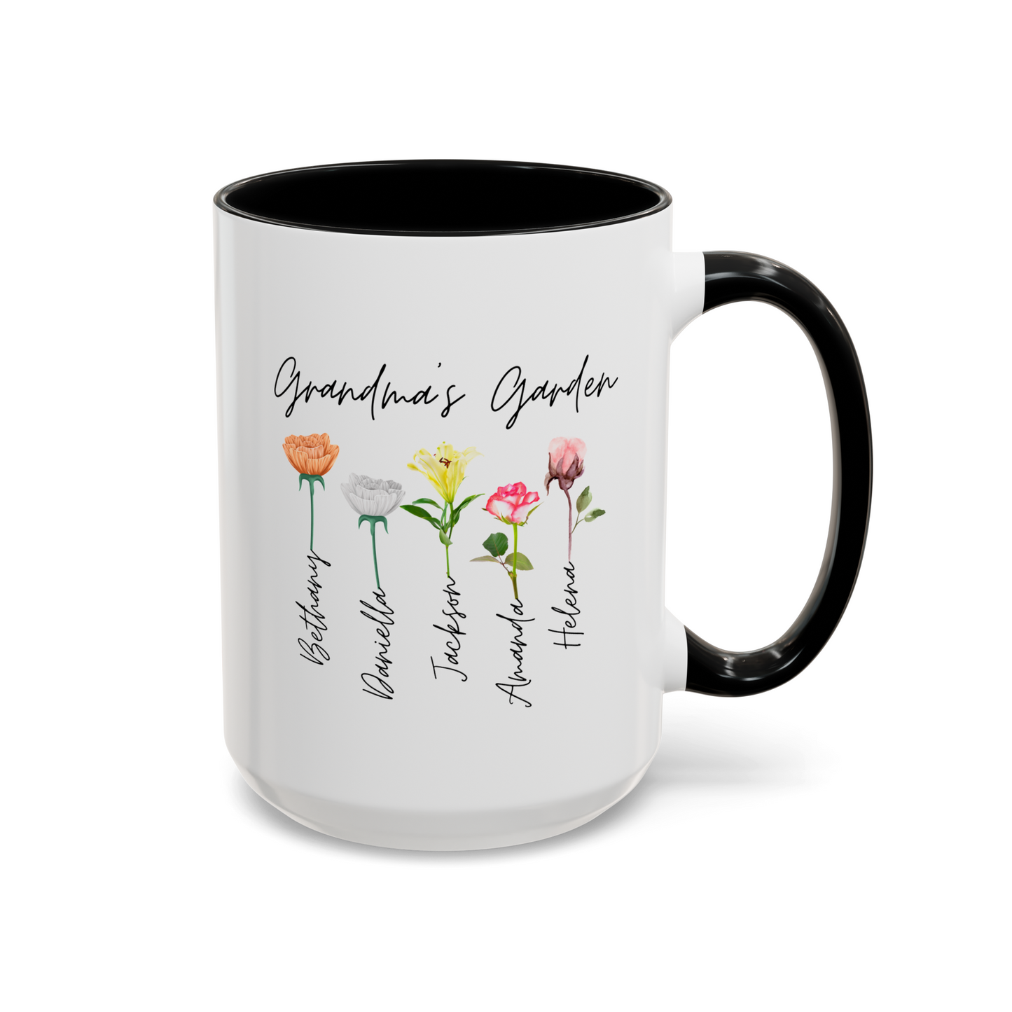 Personalized Grandma's Garden 15oz white with black accent funny large coffee mug gift for grandmother mother's day grandkids grandchildren customized names custom flower design ideas nana gigi floral cute waveywares wavey wares wavywares wavy wares