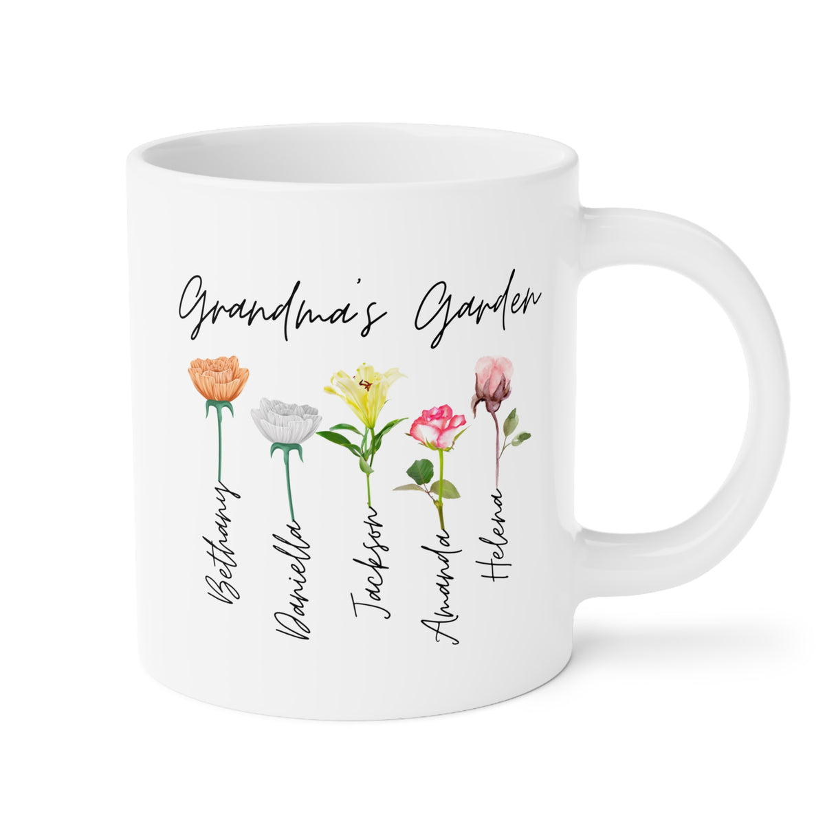 Personalized Grandma's Garden 20oz white funny large coffee mug gift for grandmother mother's day grandkids grandchildren customized names custom flower design ideas nana gigi floral cute waveywares wavey wares wavywares wavy wares