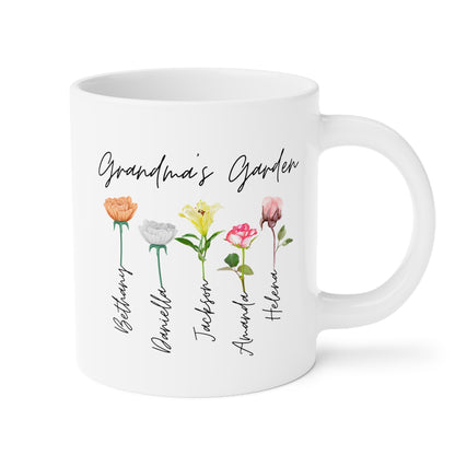 Personalized Grandma's Garden 20oz white funny large coffee mug gift for grandmother mother's day grandkids grandchildren customized names custom flower design ideas nana gigi floral cute waveywares wavey wares wavywares wavy wares