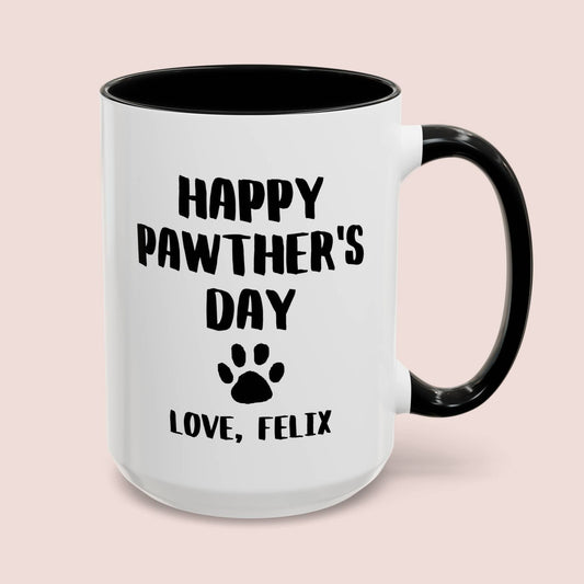 Personalized Happy Pawther's Day 15oz white with black accent funny large coffee mug gift for dog dad furdad customize name custom love paw print waveywares wavey wares wavywares wavy wares cover