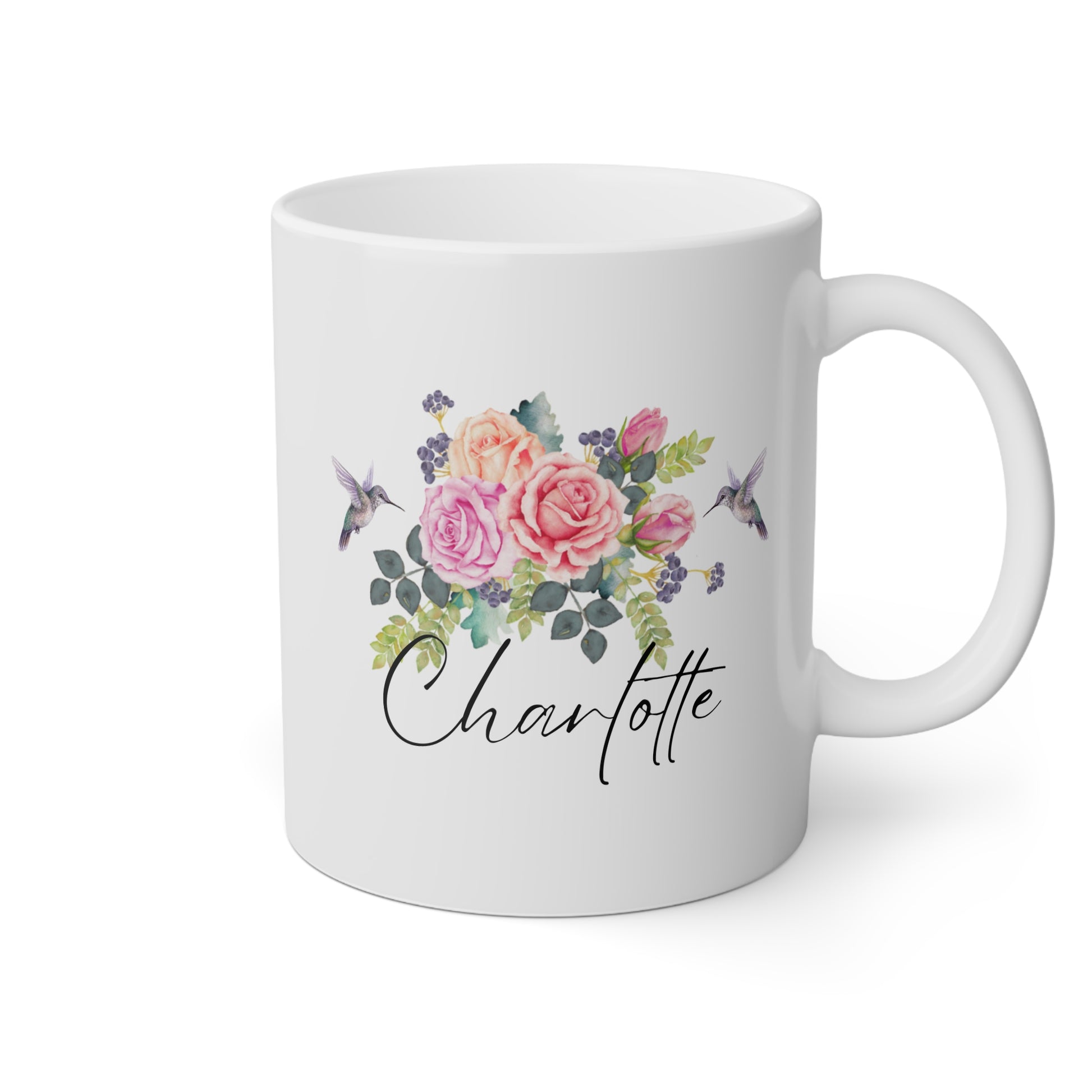 Personalized Hummingbird Name 11oz white funny large coffee mug gift for women bird lover flower custom customize cute waveywares wavey wares wavywares wavy wares