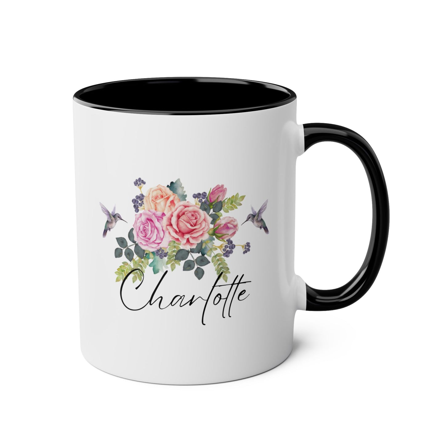 Personalized Hummingbird Name 11oz white with black accent funny large coffee mug gift for women bird lover flower custom customize cute waveywares wavey wares wavywares wavy wares