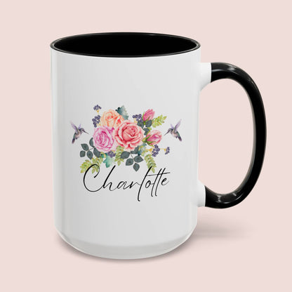 Personalized Hummingbird Name 15oz white with black accent funny large coffee mug gift for women bird lover flower custom customize cute waveywares wavey wares wavywares wavy wares cover