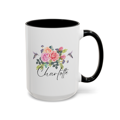 Personalized Hummingbird Name 15oz white with black accent funny large coffee mug gift for women bird lover flower custom customize cute waveywares wavey wares wavywares wavy wares