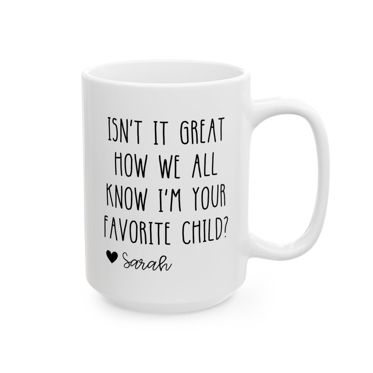 Personalized Isn't It Great How We All Know I'm Your Favorite Child 15oz white funny large coffee mug gift for mom dad father's mother's day custom name waveywares wavey wares wavywares wavy wares