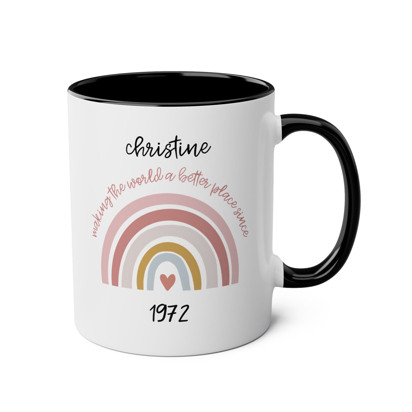 Personalized Making The World A Better Place Since 11oz white with black accent funny large coffee mug gift for women custom birthday customize name year 50 year old 50th pink rainbow her waveywares wavey wares wavywares wavy wares