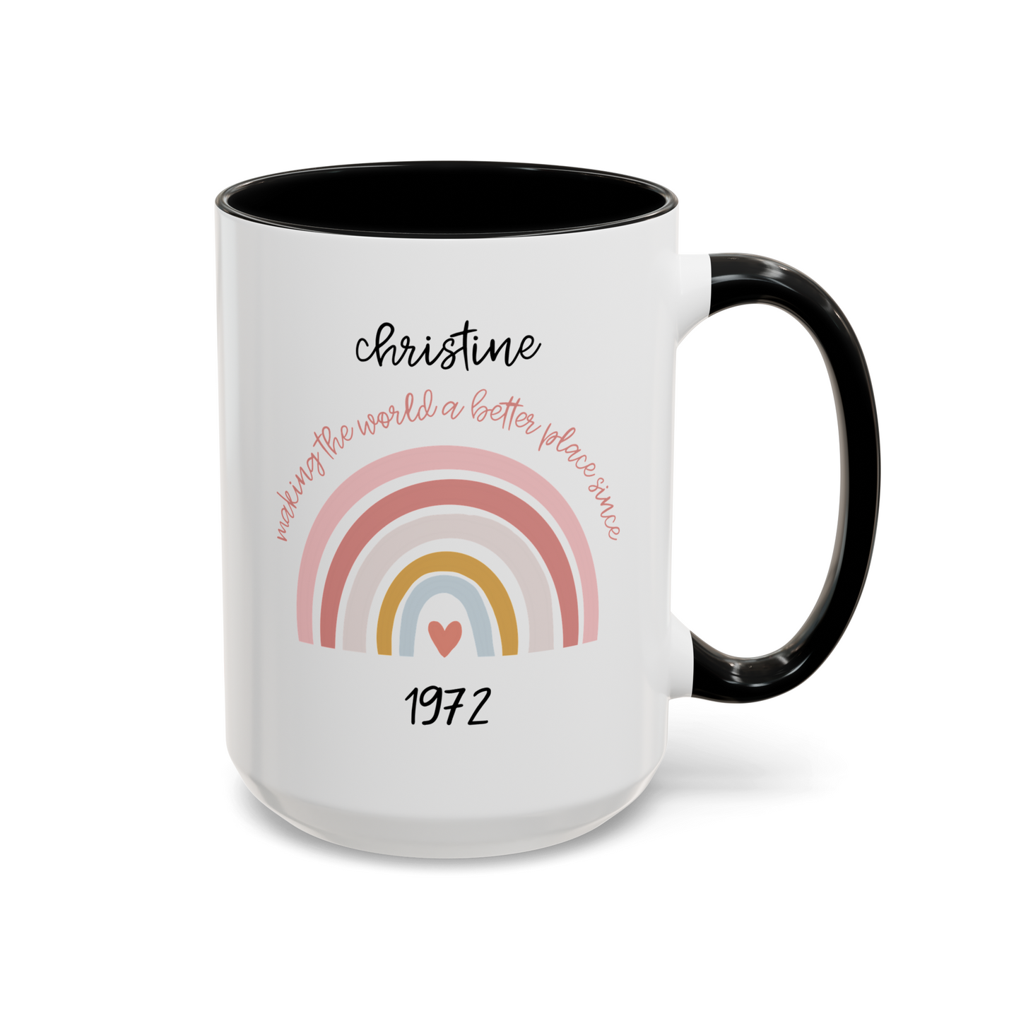 Personalized Making The World A Better Place Since 15oz white with black accent funny large coffee mug gift for women custom birthday customize name year 50 year old 50th pink rainbow her waveywares wavey wares wavywares wavy wares