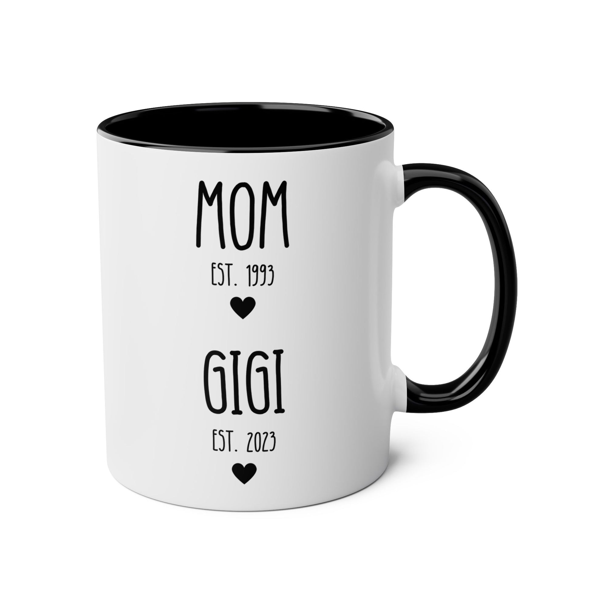 Personalized Mom est Gigi est 11oz white with black accent funny large coffee mug gift for her new grandmother to be pregnancy reveal announcement custom year customize birthday Christmas occasion waveywares wavey wares wavywares wavy wares