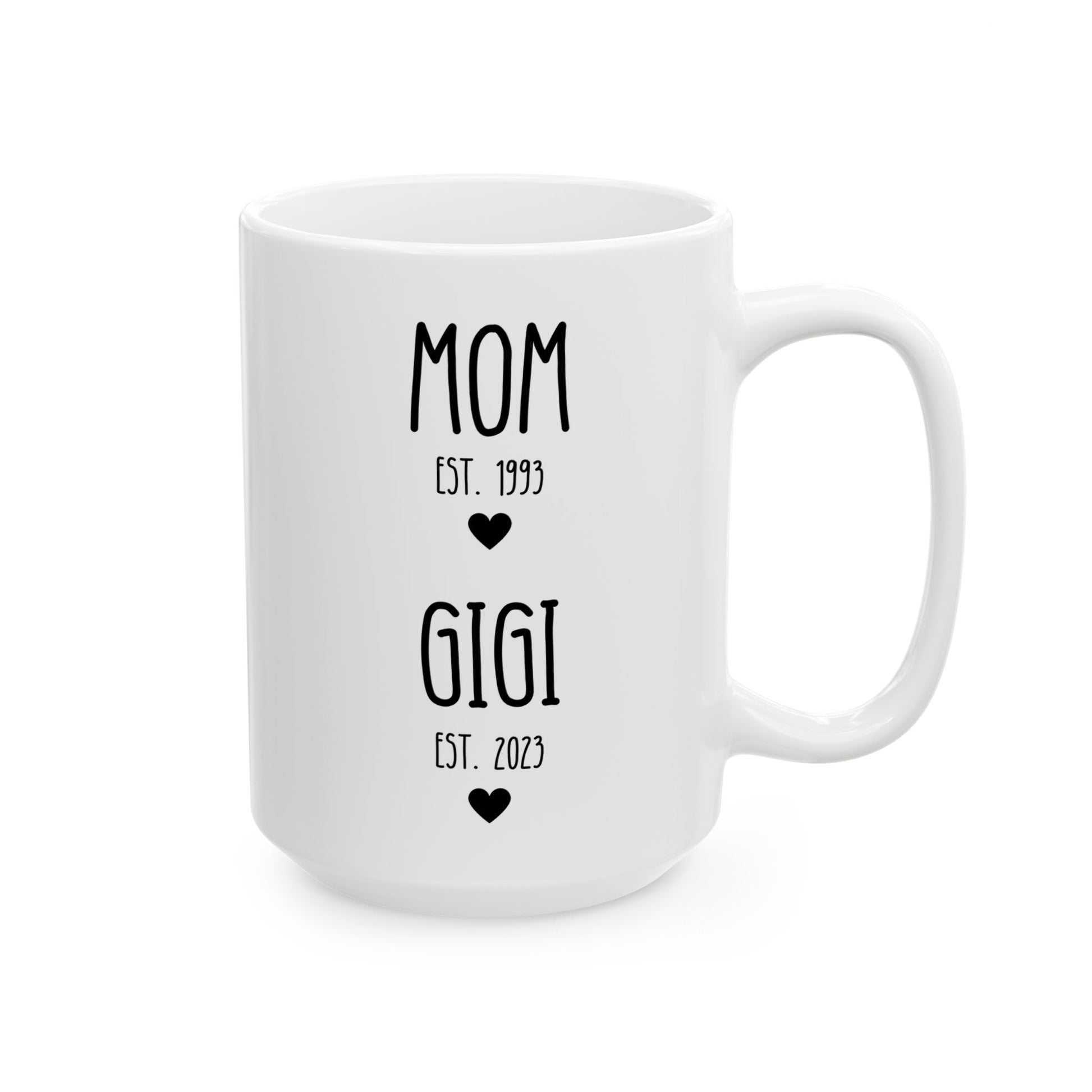 Personalized Mom est Gigi est 15oz white funny large coffee mug gift for her new grandmother to be pregnancy reveal announcement custom year customize birthday Christmas occasion waveywares wavey wares wavywares wavy wares