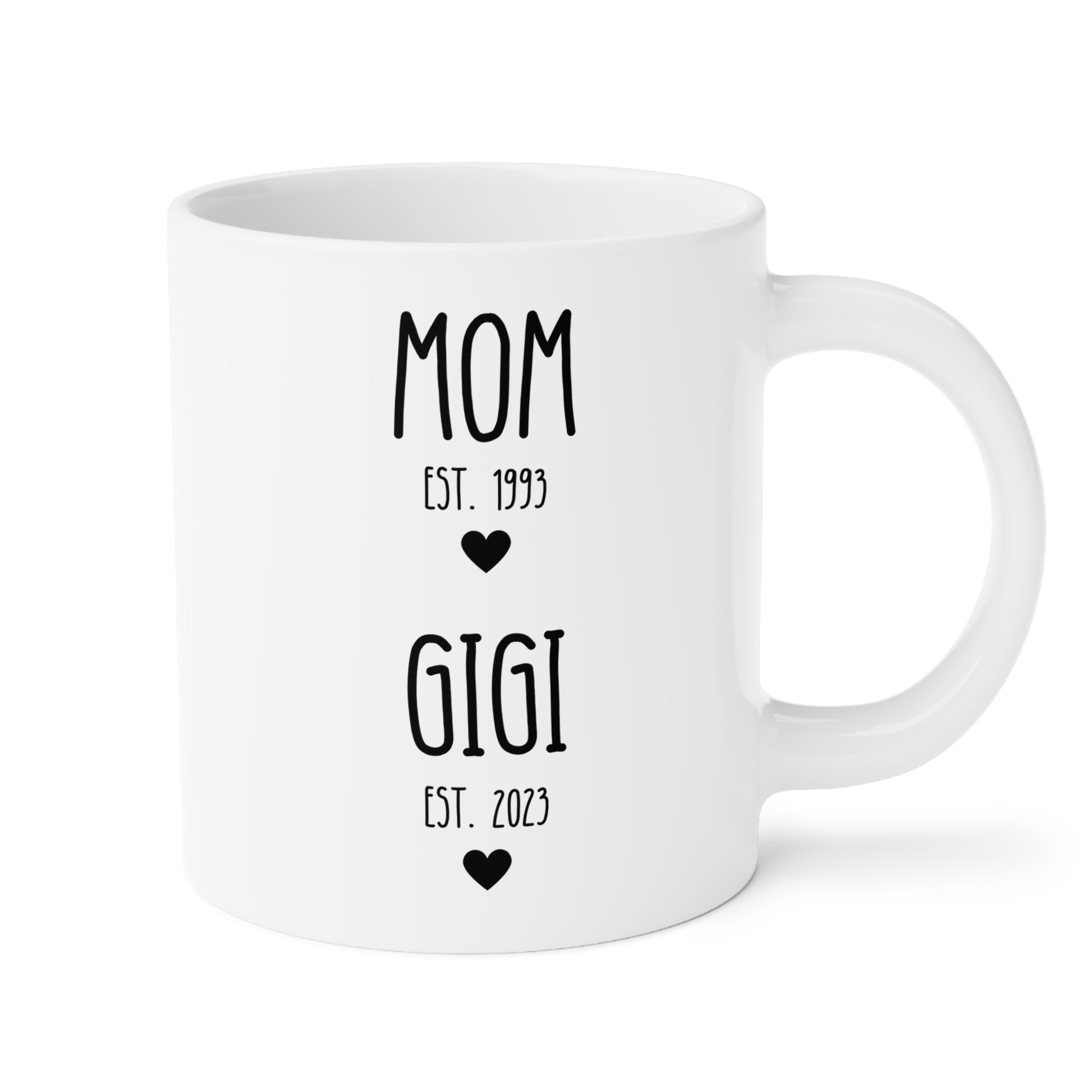 Personalized Mom est Gigi est 20oz white funny large coffee mug gift for her new grandmother to be pregnancy reveal announcement custom year customize birthday Christmas occasion waveywares wavey wares wavywares wavy wares