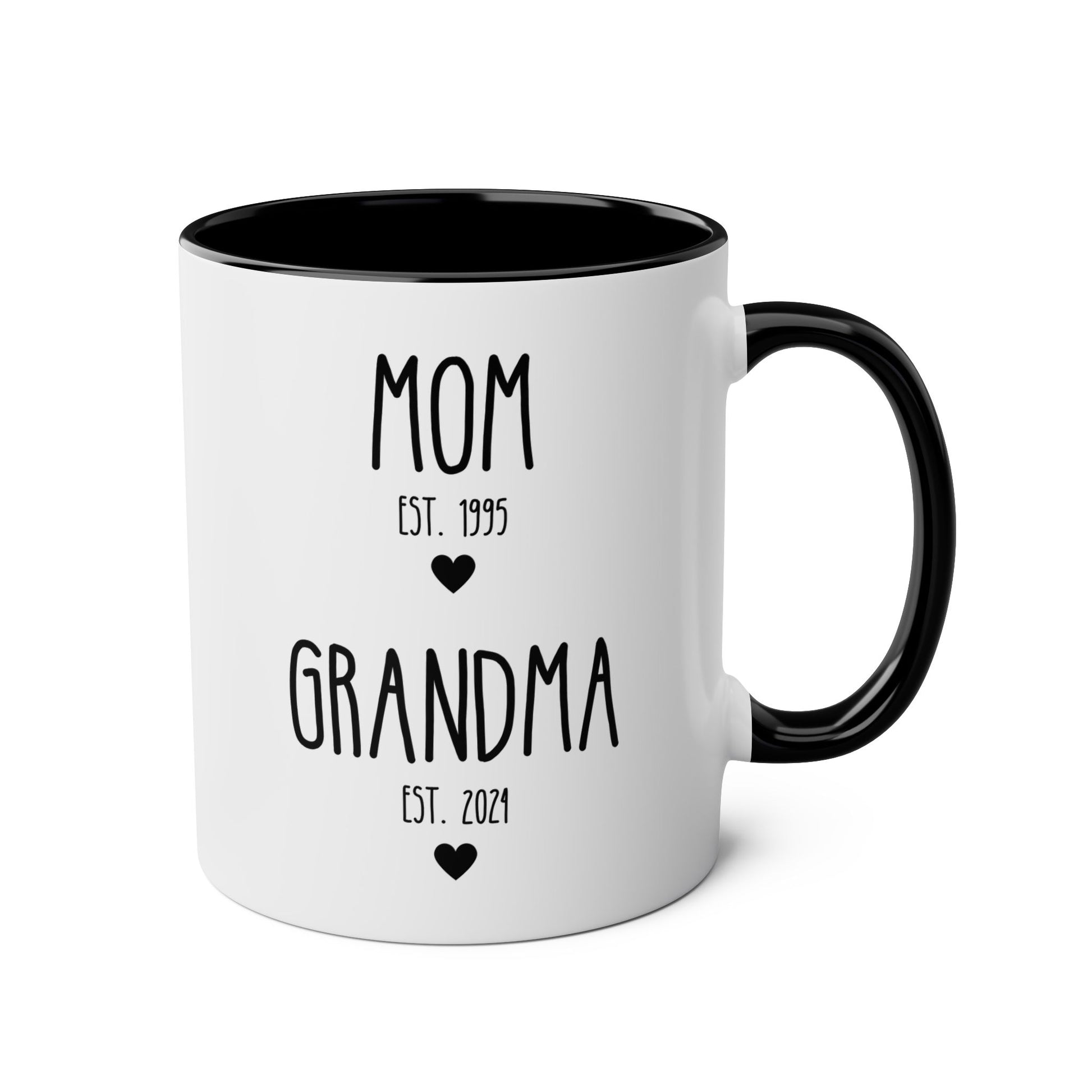Personalized Mom est Grandma est 11oz white with black accent funny large coffee mug gift for her new grandmother to be pregnancy reveal announcement custom year customize birthday Christmas occasion waveywares wavey wares wavywares wavy wares