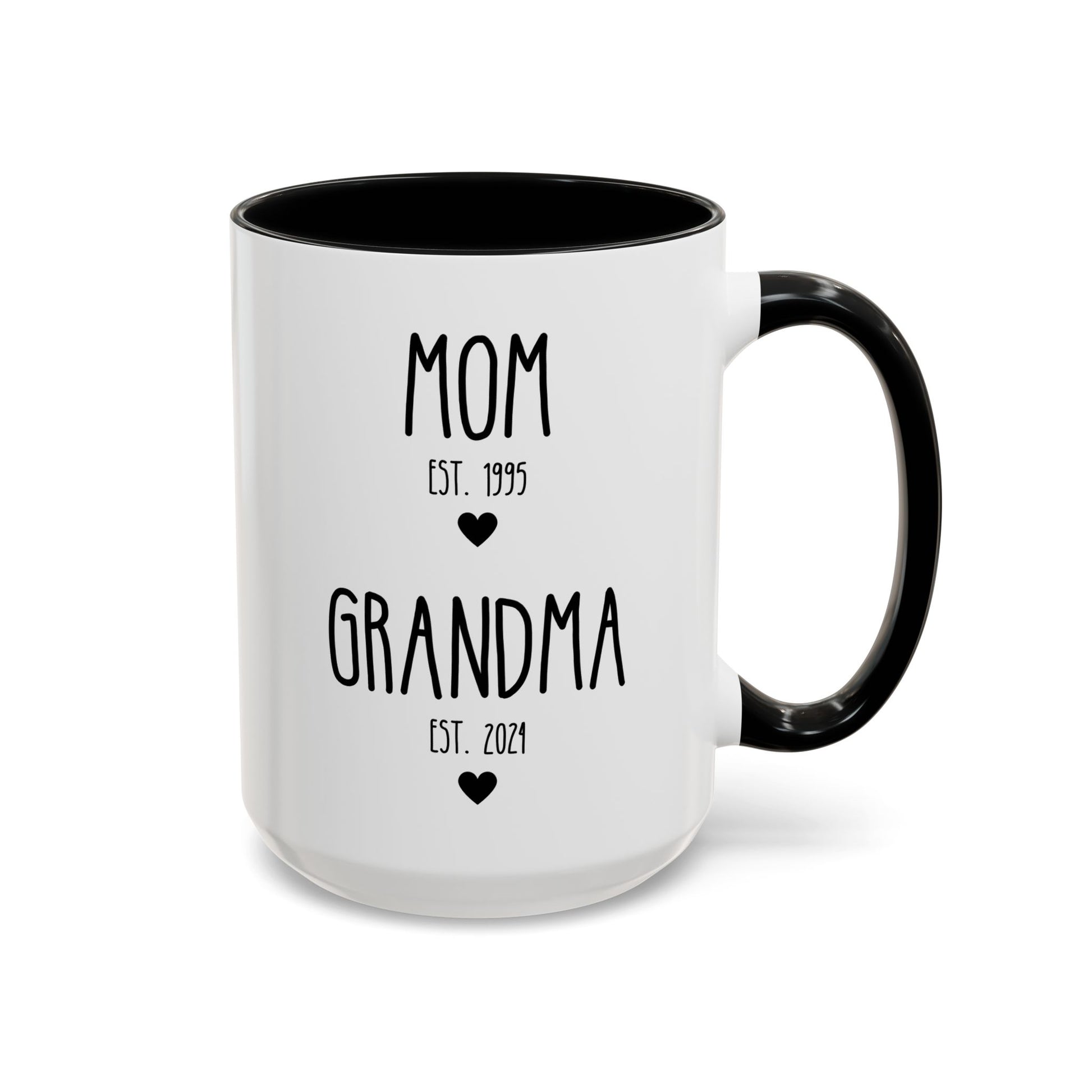 Personalized Mom est Grandma est 15oz white with black accent funny large coffee mug gift for her new grandmother to be pregnancy reveal announcement custom year customize birthday Christmas occasion waveywares wavey wares wavywares wavy wares cover