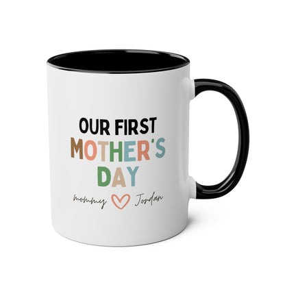 Personalized Our First Mother's Day 11oz white with black accent funny large coffee mug gift for new mom custom name from baby waveywares wavey wares wavywares wavy wares