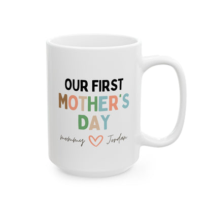 Personalized Our First Mother's Day 15oz white funny large coffee mug gift for new mom custom name from baby waveywares wavey wares wavywares wavy wares