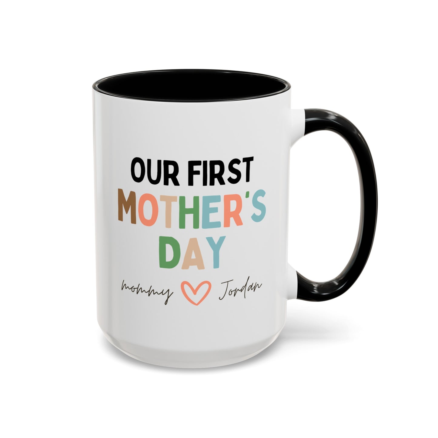 Personalized Our First Mother's Day 15oz white with black accent funny large coffee mug gift for new mom custom name from baby waveywares wavey wares wavywares wavy wares