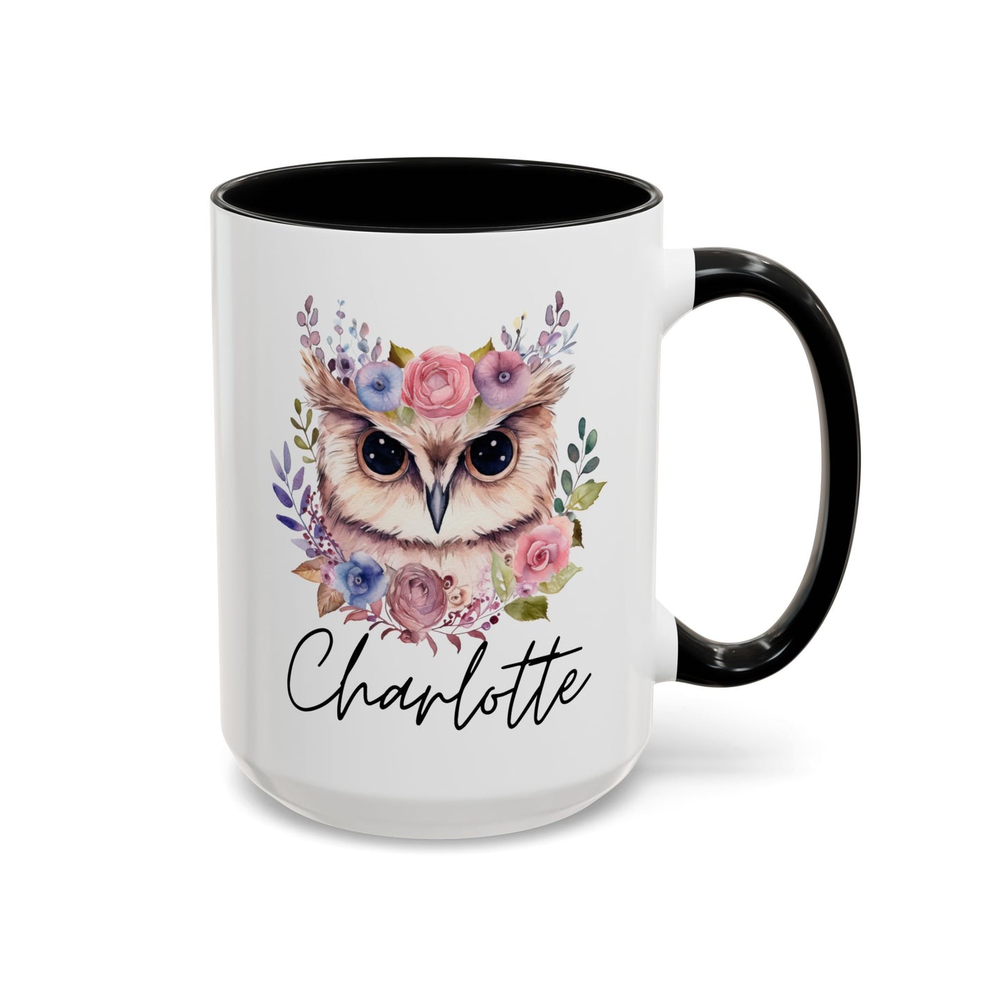 Personalized Owl Name 15oz white with black accent funny large coffee mug gift for nocturnal bird lover women her custom customized name birthday Christmas occasion waveywares wavey wares wavywares wavy wares 