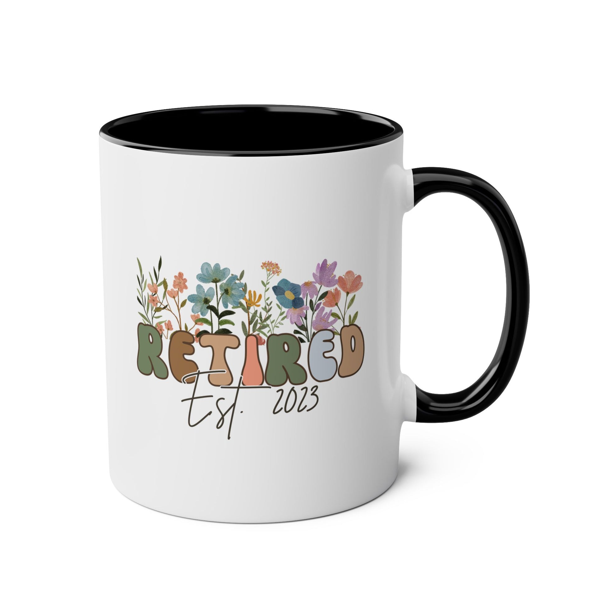 Personalized Retired Est 11oz white with black accent funny large coffee mug gift for retirement women teacher grandma grandpa retiree custom year customize flowers design waveywares wavey wares wavywares wavy wares