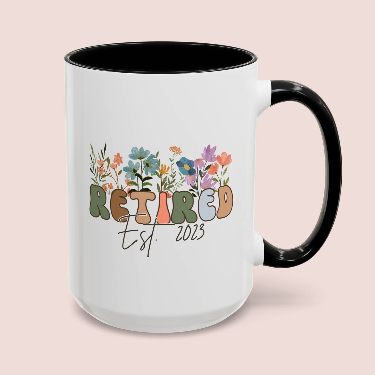 Personalized Retired Est 15oz white with black accent funny large coffee mug gift for retirement women teacher grandma grandpa retiree custom year customize flowers design waveywares wavey wares wavywares wavy wares cover