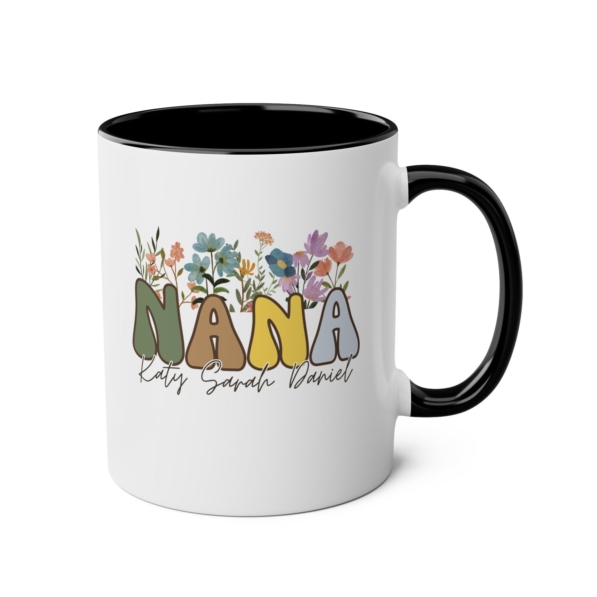 Personalized Retro Nana 11oz white with black accent funny large coffee mug gift for custom wildflowers grandkids names customize grandma mother's day grandmother waveywares wavey wares wavywares wavy wares