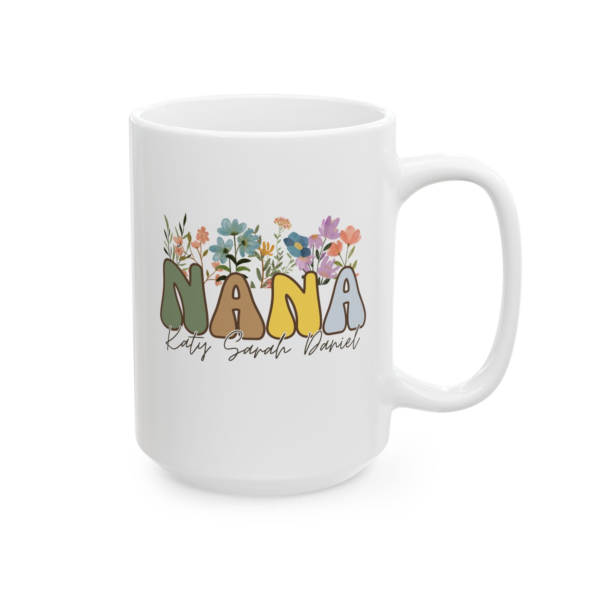 Personalized Retro Nana 15oz white funny large coffee mug gift for custom wildflowers grandkids names customize grandma mother's day grandmother waveywares wavey wares wavywares wavy wares