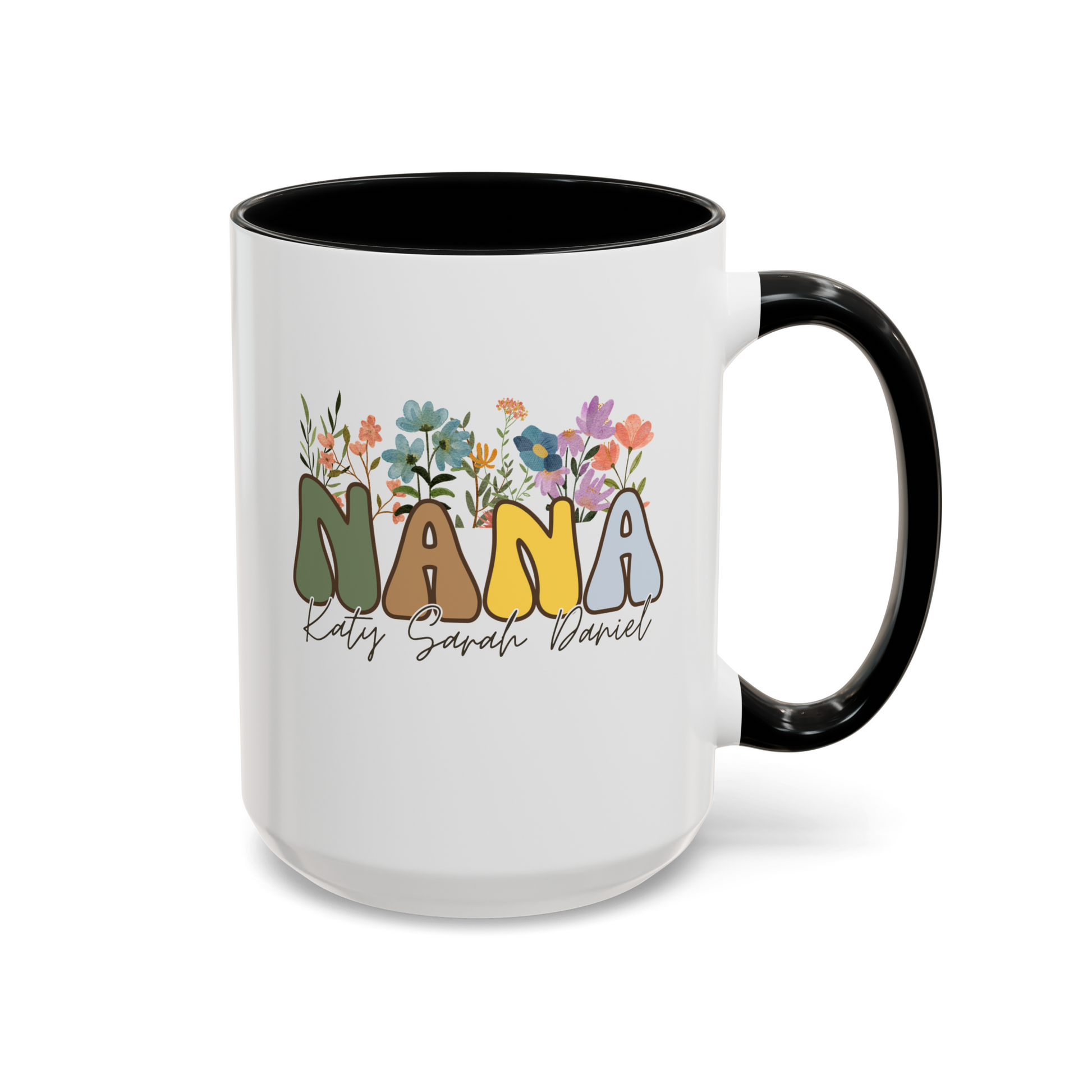 Personalized Retro Nana 15oz white with black accent funny large coffee mug gift for custom wildflowers grandkids names customize grandma mother's day grandmother waveywares wavey wares wavywares wavy wares