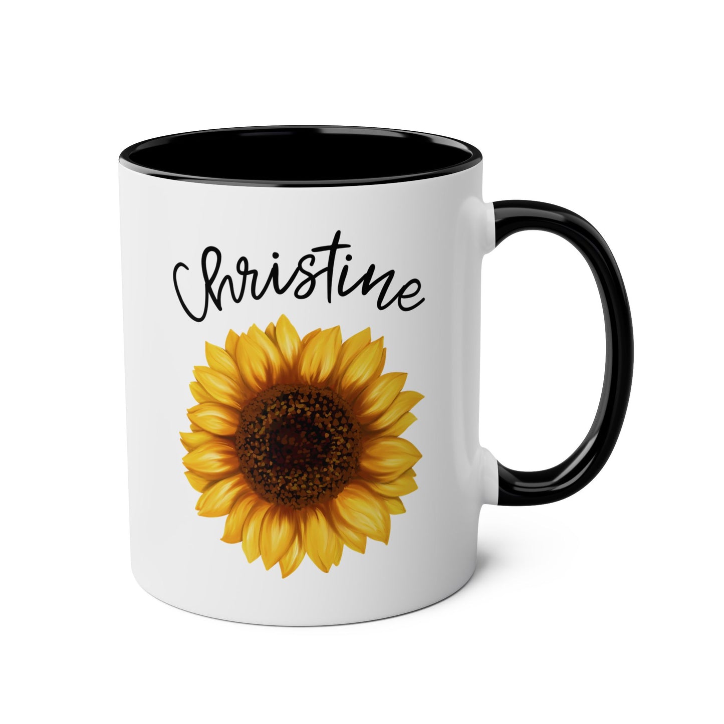 Personalized Sunflower Name 11oz white with black accent funny large coffee mug gift for her flower lover custom name customize tea cup design waveywares wavey wares wavywares wavy wares 